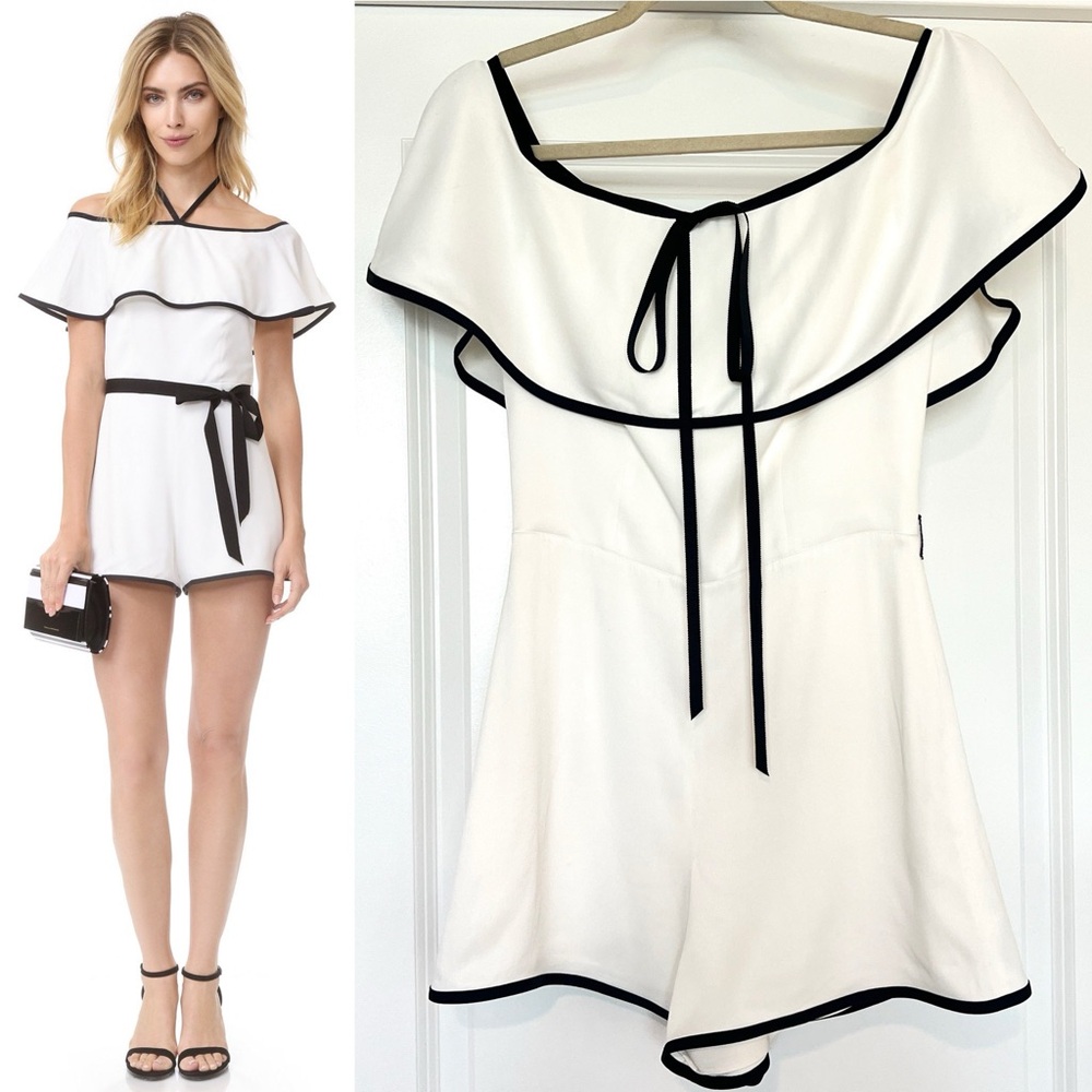 ALEXIS Kristin Romper Women’s Size XS White Black Off Shoulder Ruffle Trim